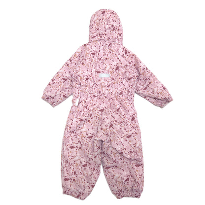 A pink hooded snowsuit with a dark red floral pattern, shown flat against a white background.