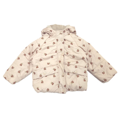 A beige hooded puffer jacket with an all-over brown flower print, shown flat against a white background.
