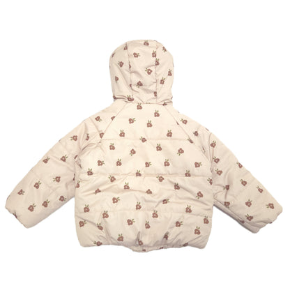 A beige hooded puffer jacket with an all-over brown flower print, shown flat against a white background back image