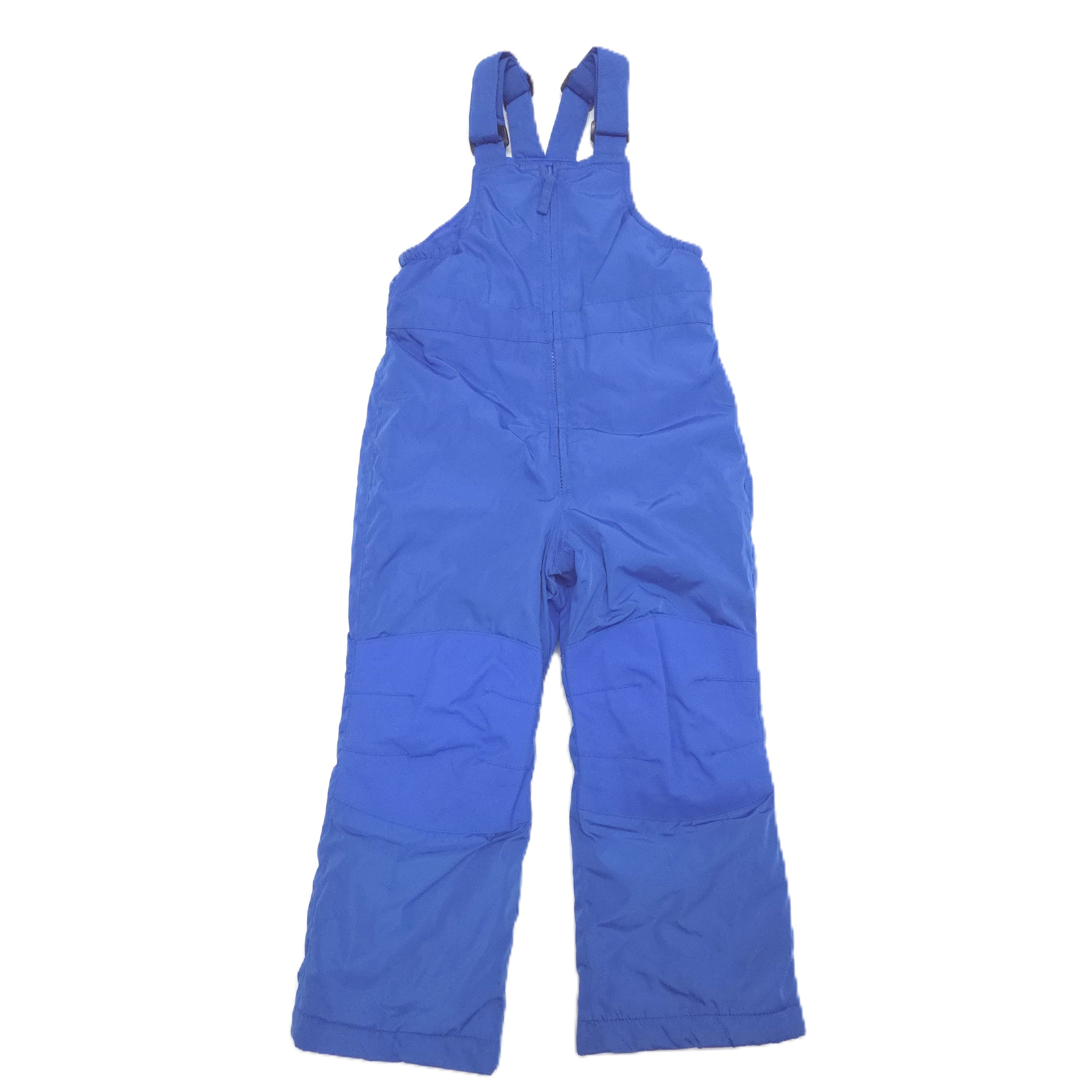 A blue snow bib pants with adjustable shoulder straps, laid flat against a white background.