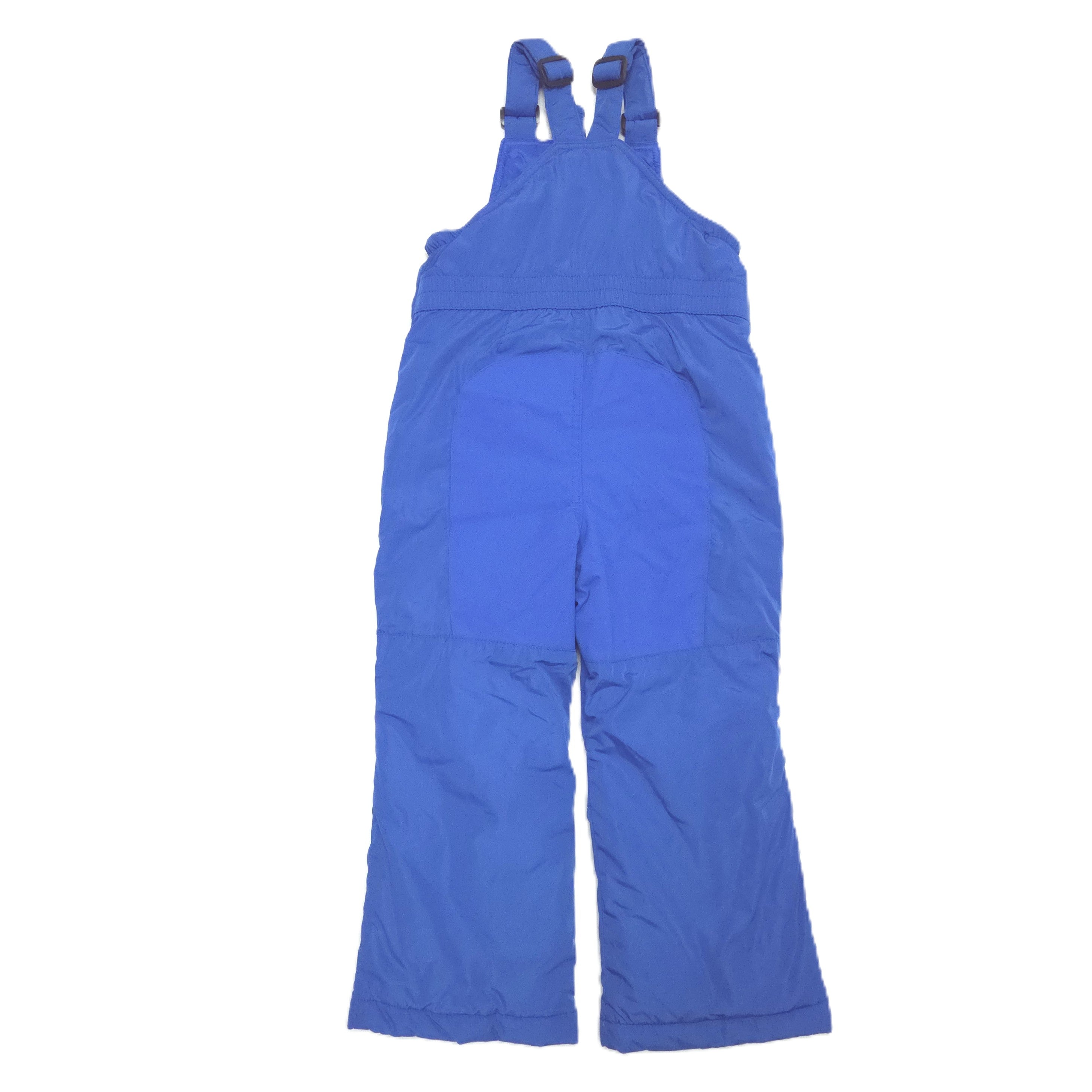 A blue snow bib pants with adjustable shoulder straps, laid flat against a white background back image