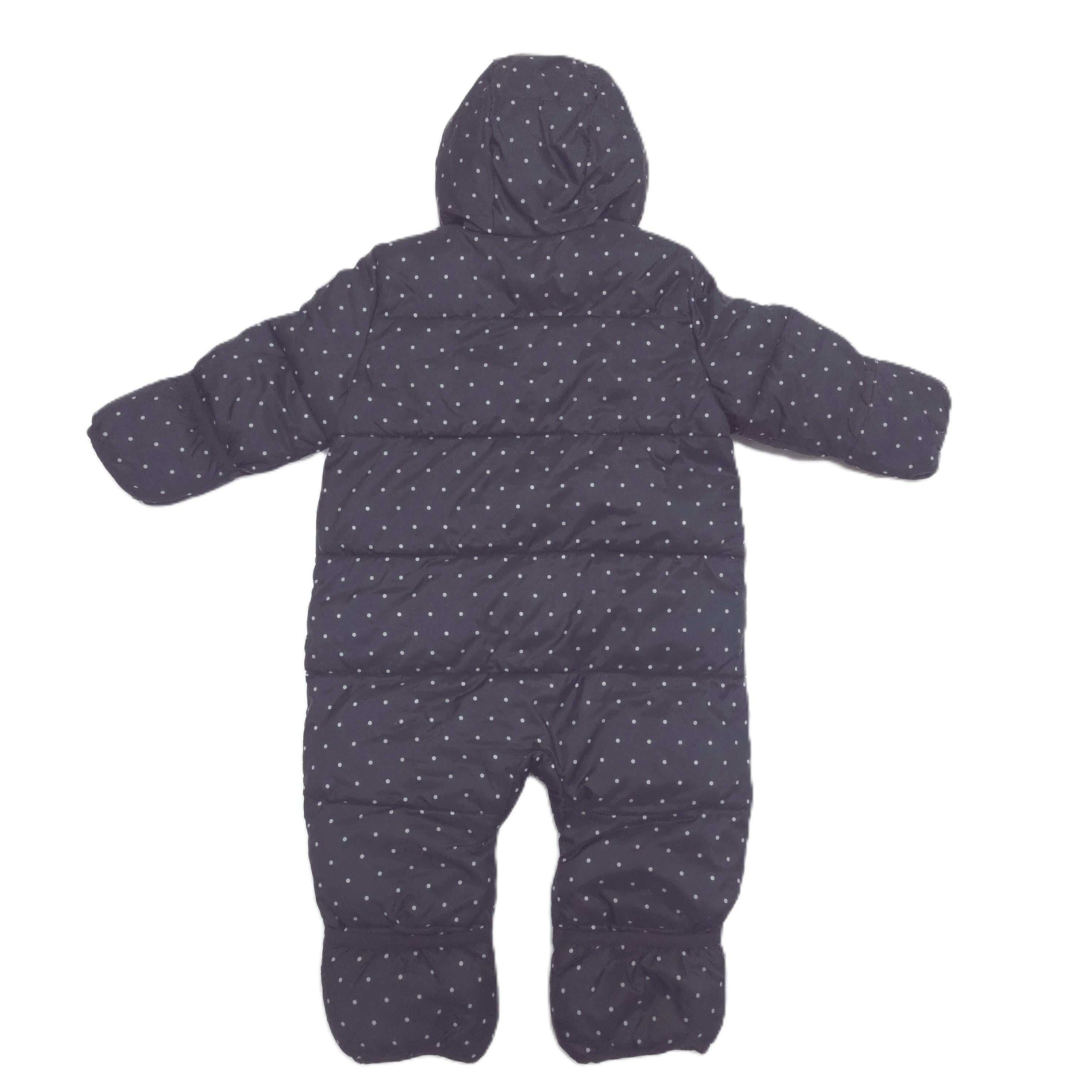 A black hooded snowsuit with a small white polka dot pattern, laid flat on a white background back image