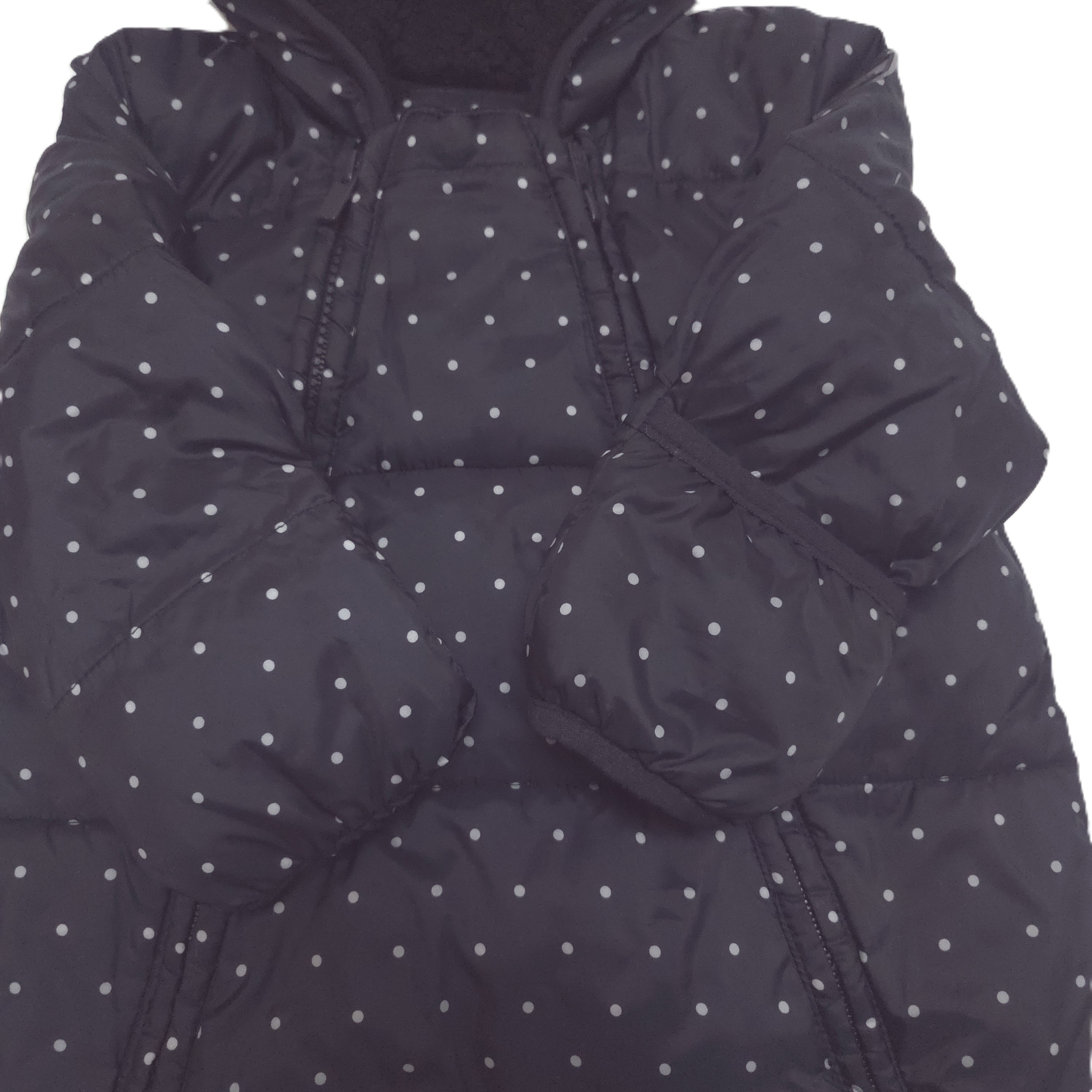 A black hooded snowsuit with a small white polka dot pattern fold-over mitts