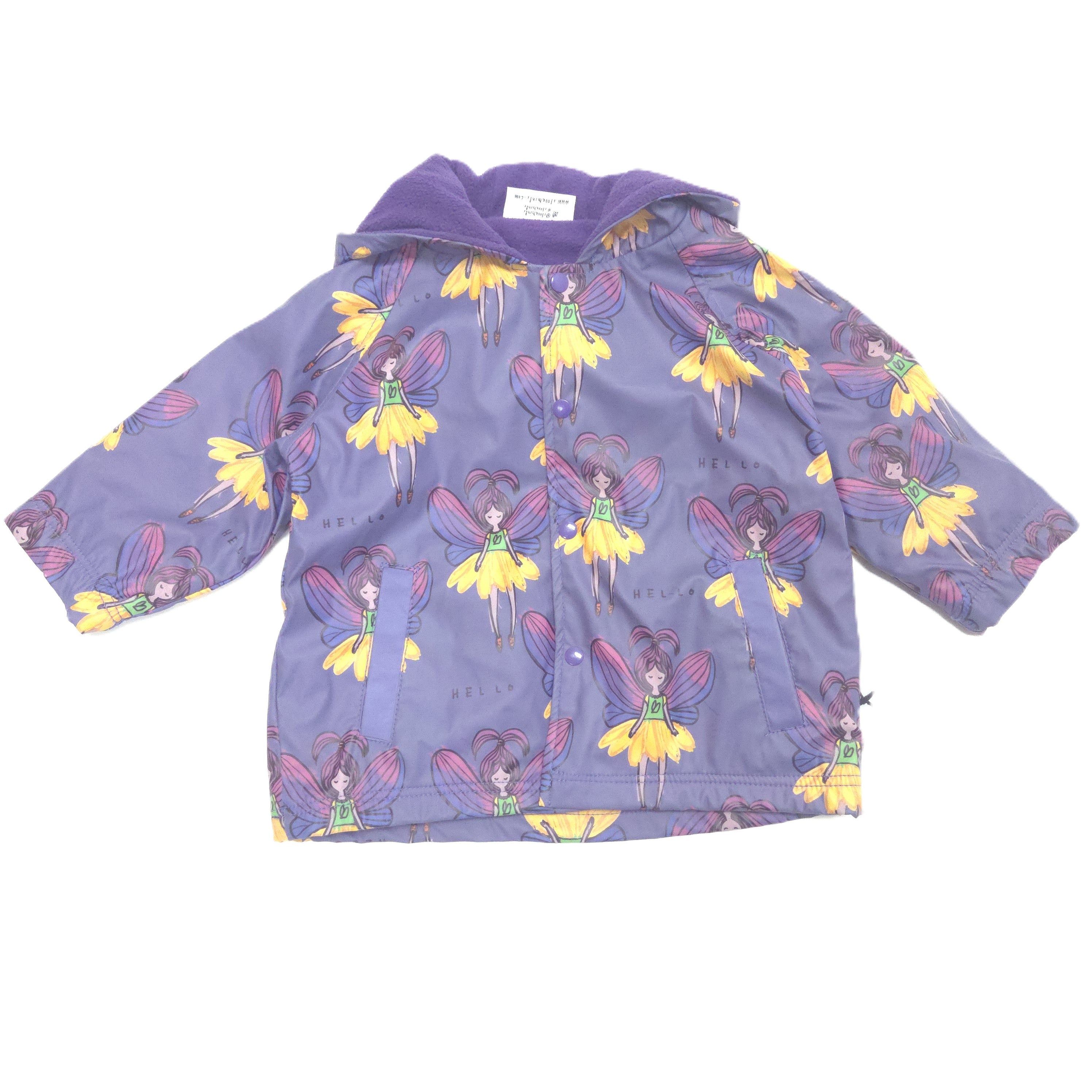 A children's hooded rain jacket in lavender purple, featuring an allover print of cartoon fairy characters in yellow and pink, with a solid purple hood lining.
