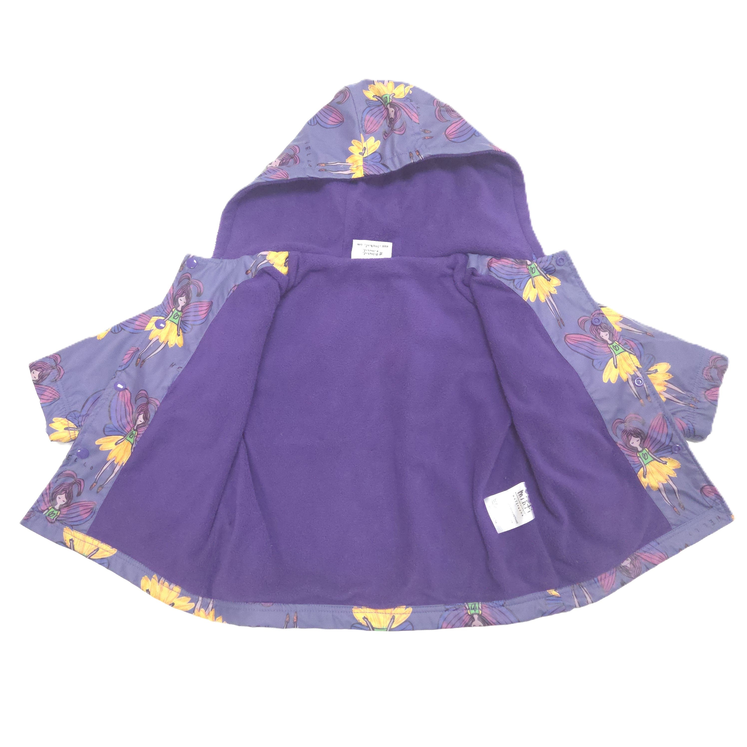 A children's hooded jacket in a muted purple color with purple fleece lining.