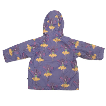 A children's hooded jacket in a muted purple color, featuring an allover print of fairies with yellow dresses and purple wings, laid flat against a white background.
