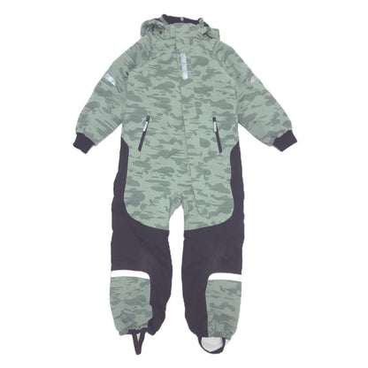 A hooded snowsuit in a sage green and black camouflage pattern, featuring solid black side panels and black cuffs, shown against a plain white background.