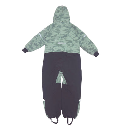 A hooded snowsuit in a sage green and black camouflage pattern, featuring solid black side panels and black cuffs, shown against a plain white background back image