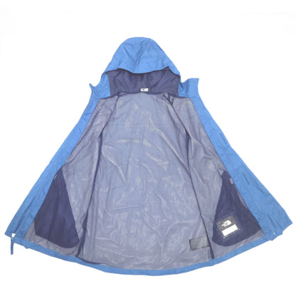 A blue hooded raincoat shown open against a plain white background, revealing a gray interior lining and dark navy side pockets.