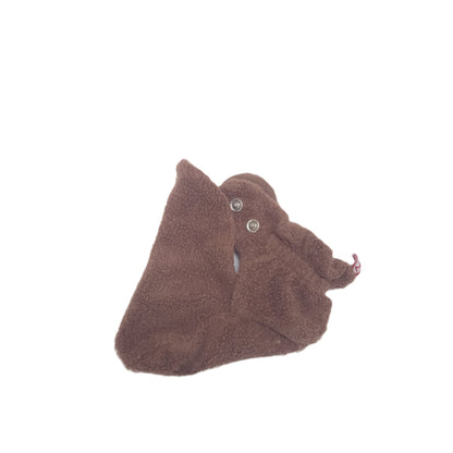 A pair of plush brown baby booties with snaps open