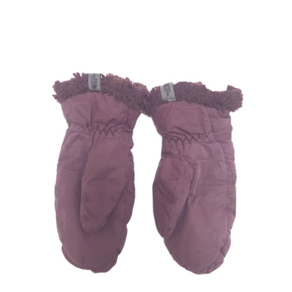 A pair of dusty mauve quilted mittens with a fuzzy faux-fur trim at the cuff, shown against a plain white background.