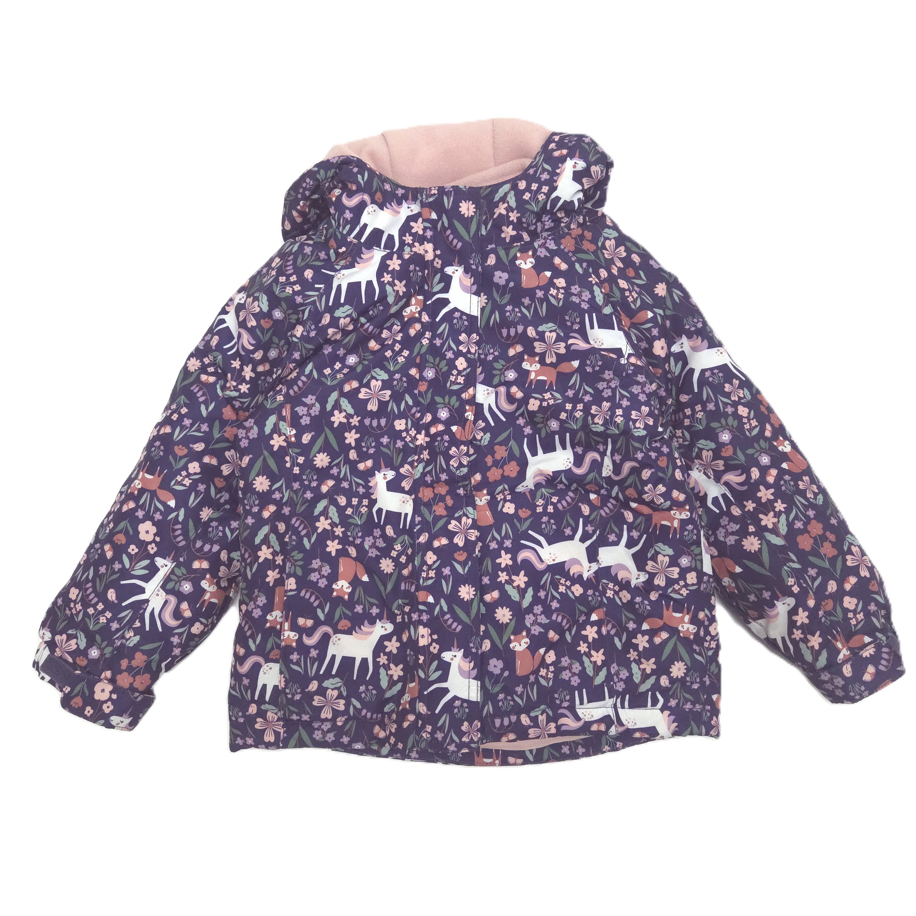 A children's hooded winter jacket with a dark purple background covered in a whimsical print of white deer, foxes, and flowers, featuring a light pink lining visible inside the hood.