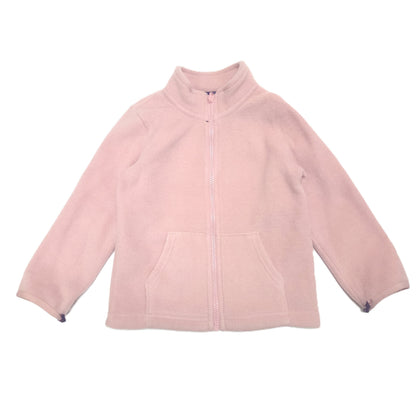 A light pink zip-up fleece jacket with a stand-up collar and front pockets, laid flat against a white background.