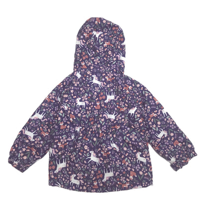 A hooded children's jacket with a dense floral and deer print in purple, white, pink, and orange, shown against a plain white background.