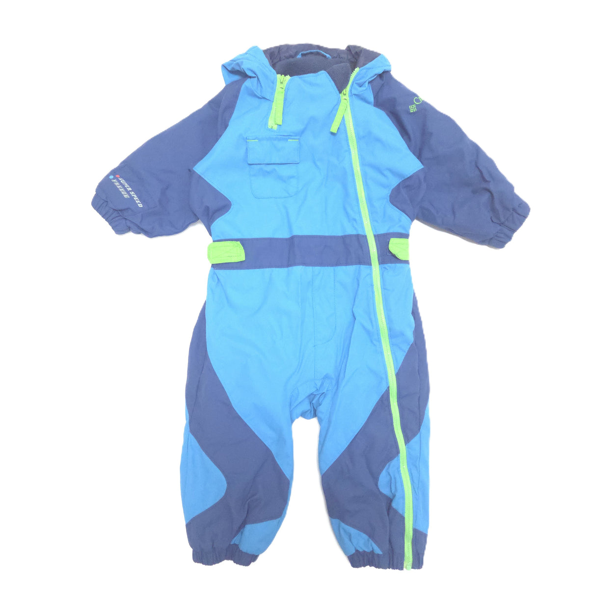 A children's hooded snowsuit in light blue and navy blue with bright neon yellow-green zipper accents, shown flat against a white background.