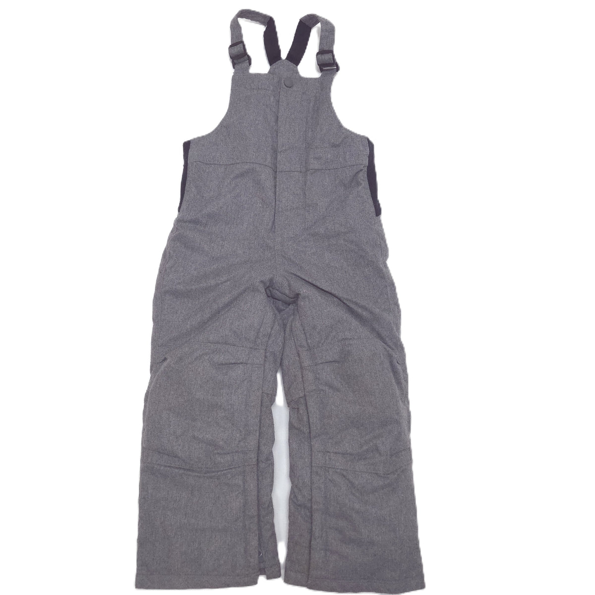 A pair of gray heathered bib snow pants with adjustable shoulder straps, laid flat against a white background.