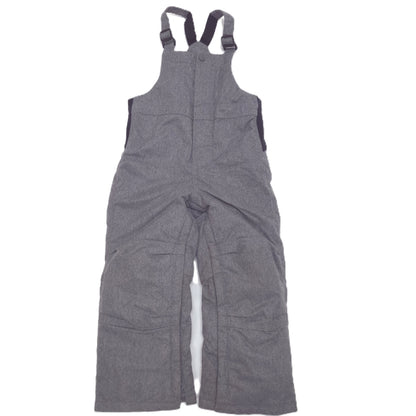 A pair of gray heathered bib snow pants with adjustable shoulder straps, laid flat against a white background.