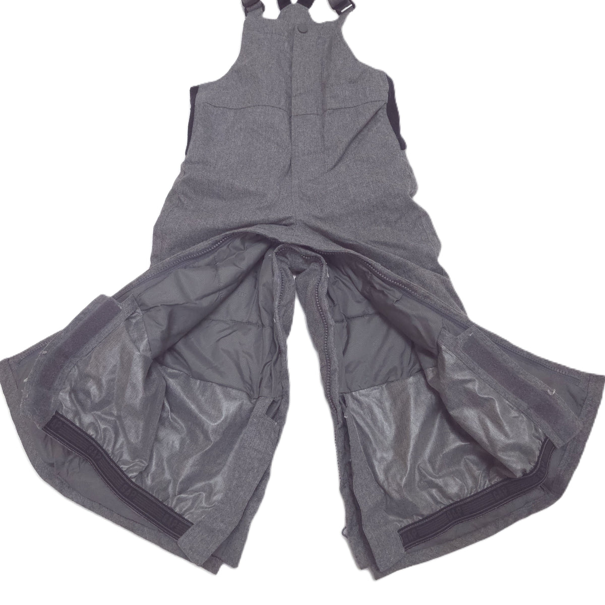 A pair of gray heathered bib snow pants with open legs, laid flat against a white background.