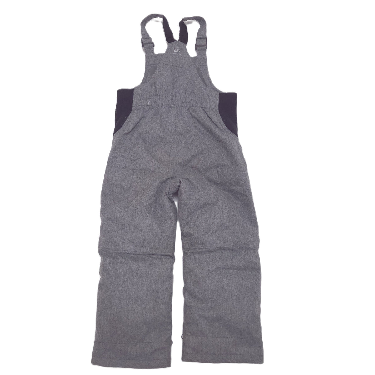 A pair of gray heathered bib snow pants  and adjustable shoulder straps, shown flat against a white background.