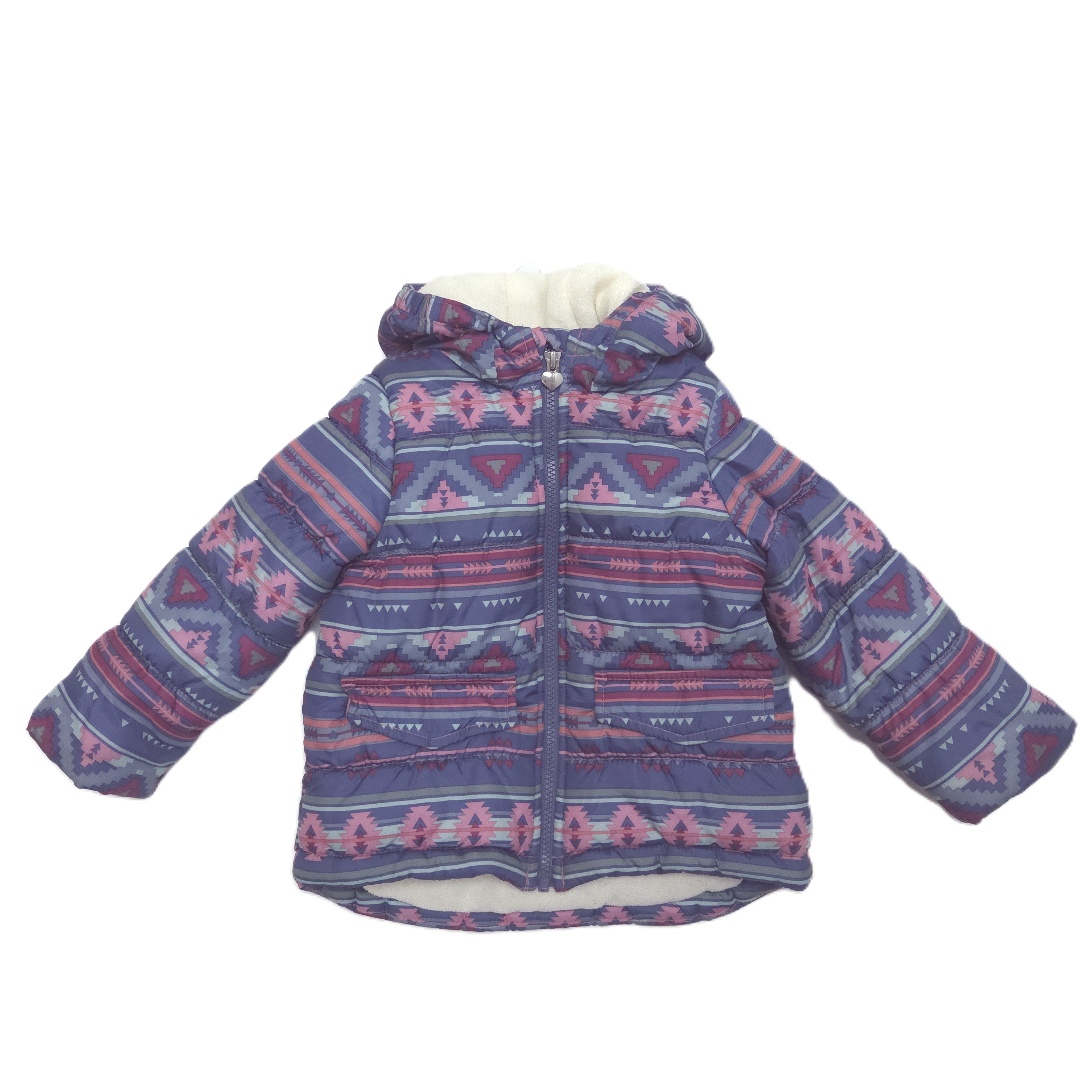 A hooded puffer winter jacket with a blue, pink, and purple geometric pattern, featuring a white fleece lining.