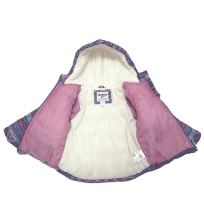 A winter jacket shown open against a white background, featuring a cream-colored fleece lining, dusty pink outer fabric, and a purple patterned trim.