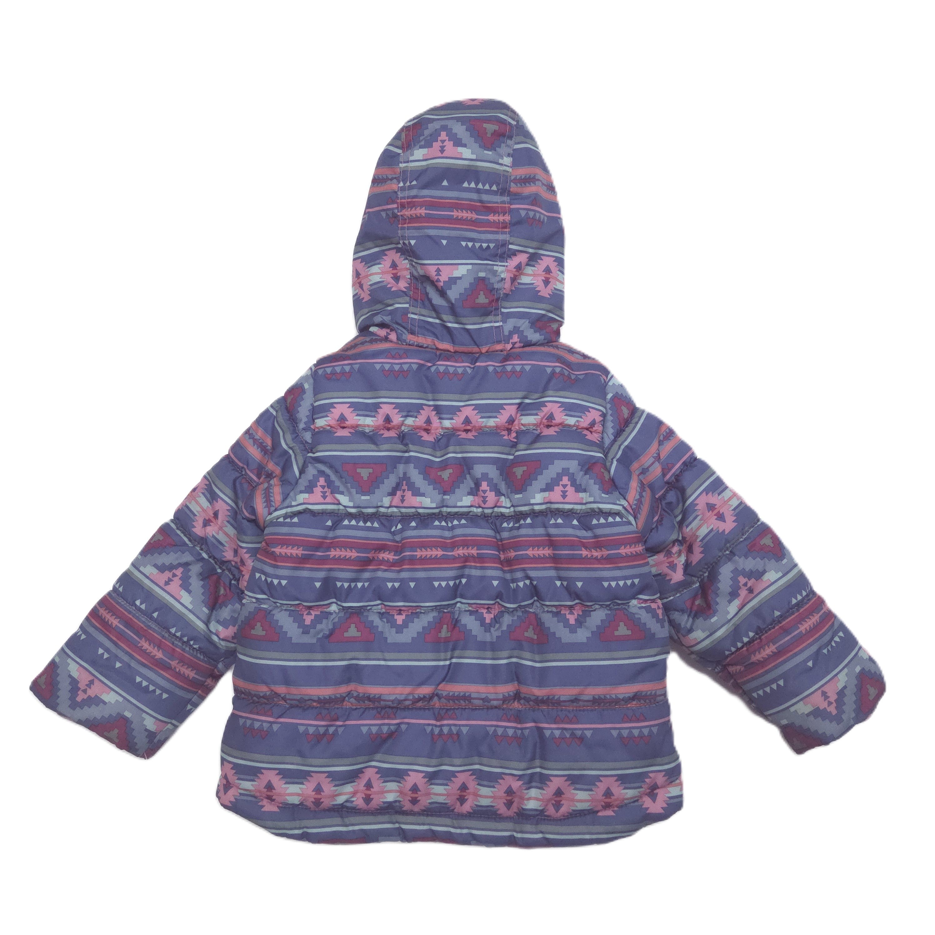 A hooded puffer jacket with a colorful geometric pattern in shades of purple, pink, and blue, shown from the back against a plain white background.