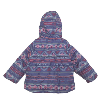 A hooded puffer jacket with a colorful geometric pattern in shades of purple, pink, and blue, shown from the back against a plain white background.