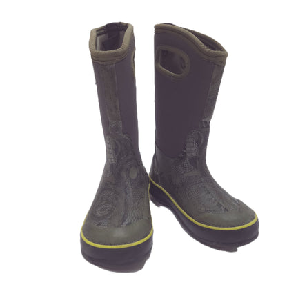 A pair of mid-calf waterproof boots in dark gray and black with a subtle snakeskin pattern, featuring a thin yellow stripe along the sole edge.
