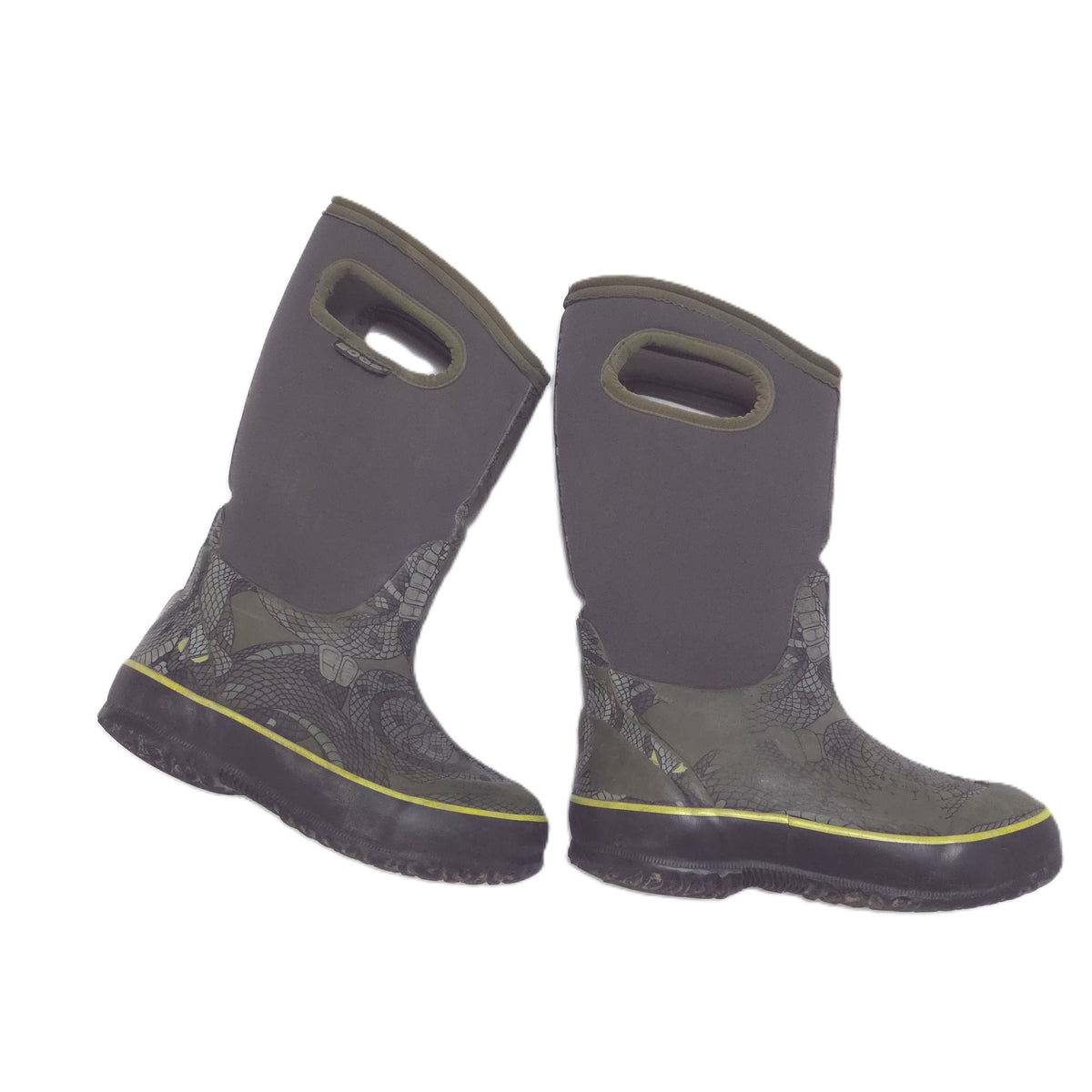 A pair of mid-calf waterproof boots in dark gray green and black with a subtle snakeskin pattern on the lower section and a thin yellow stripe along the side, shown against a plain white background.