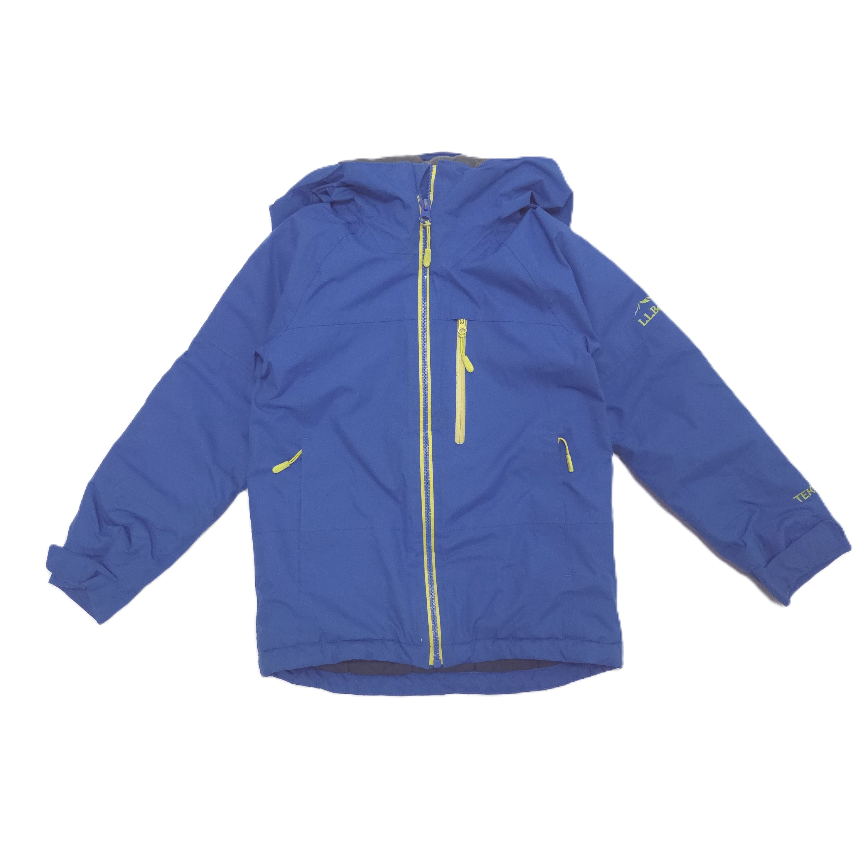 A royal blue hooded jacket with bright yellow zipper accents and small yellow logo details on the chest and sleeve, laid flat against a white background.
