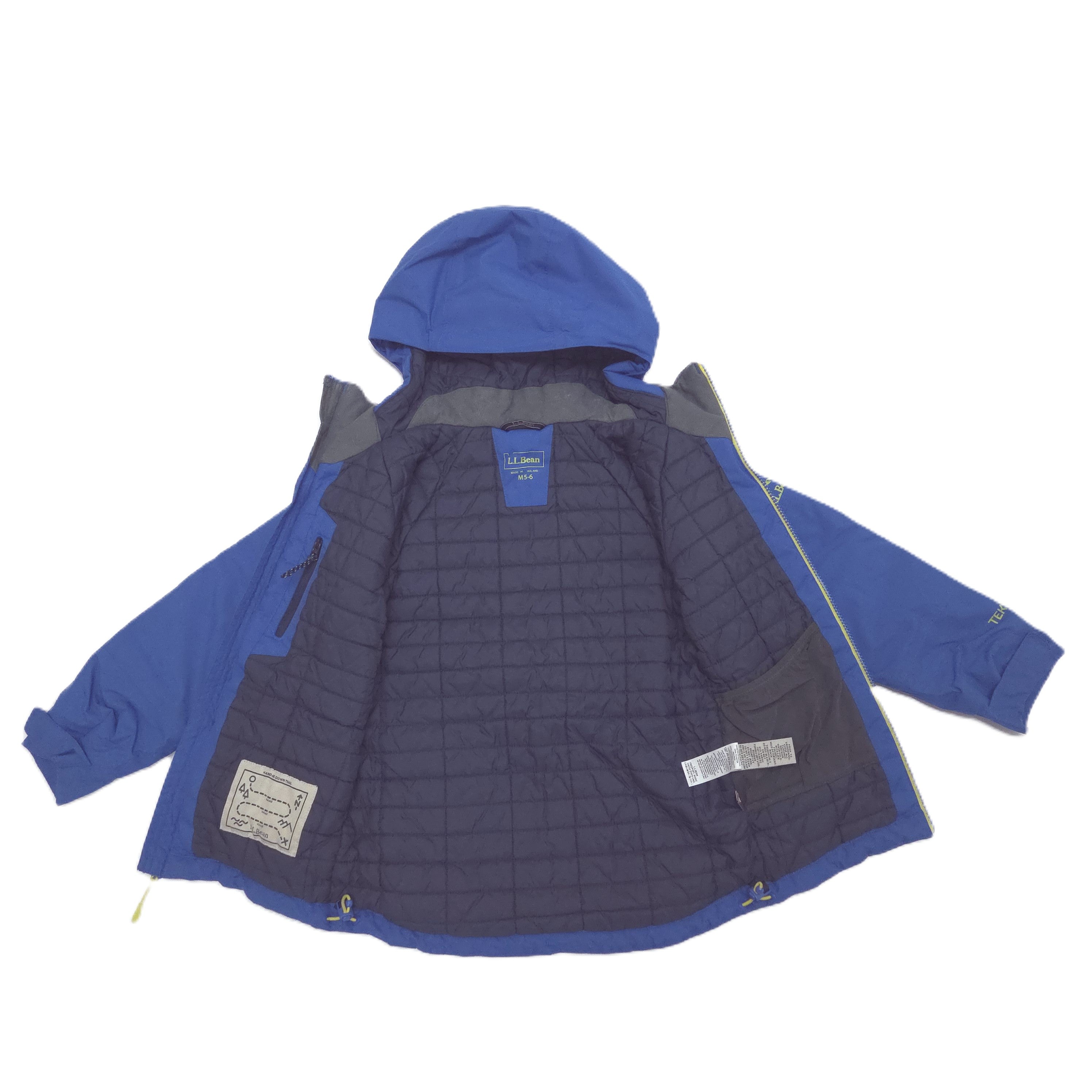 A hooded jacket shown laid flat against a white background, featuring a blue hood and sleeves, a dark navy quilted inner lining.