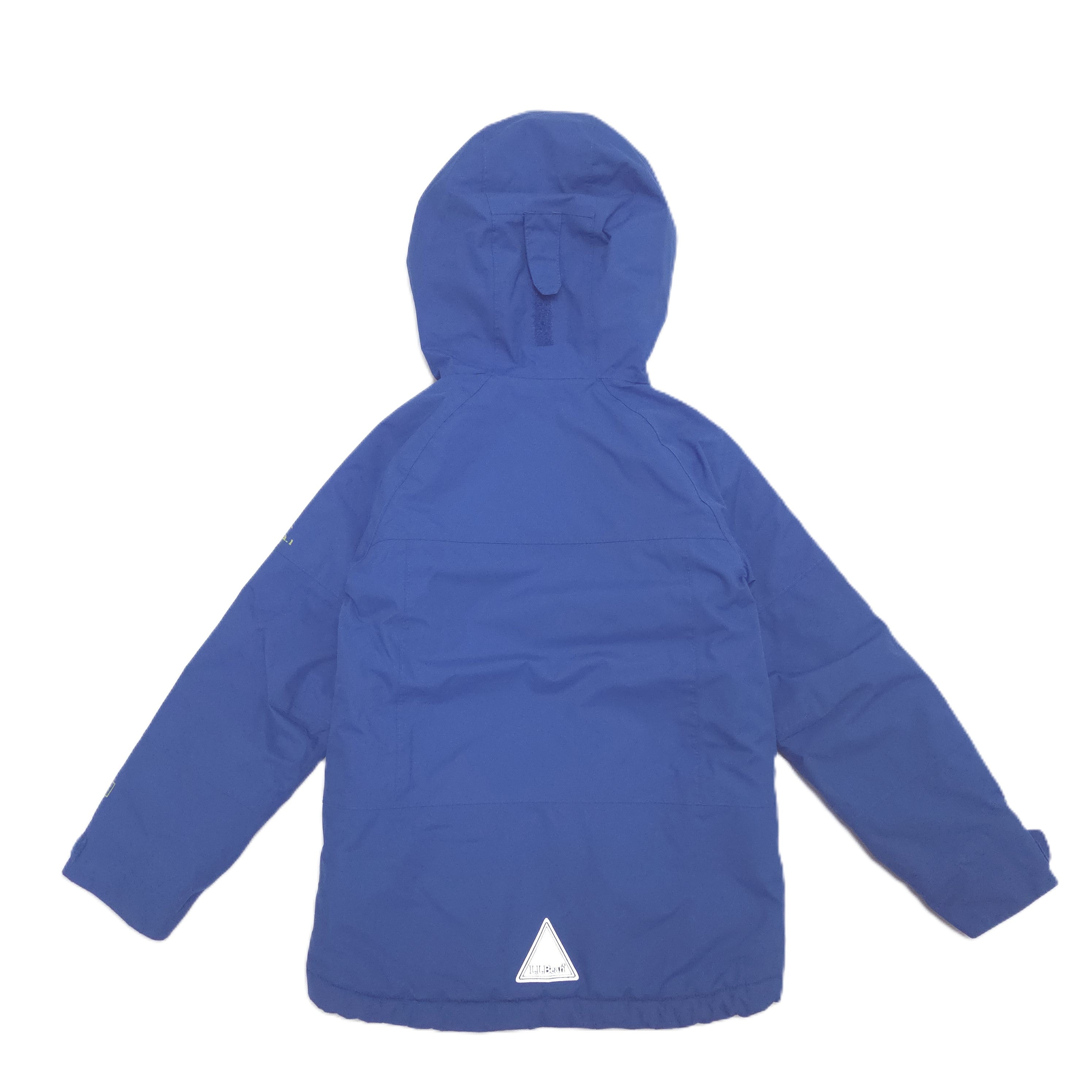 A royal blue hooded winter jacket shown from the back, featuring a white triangular logo patch on the lower back, set against a plain white background.