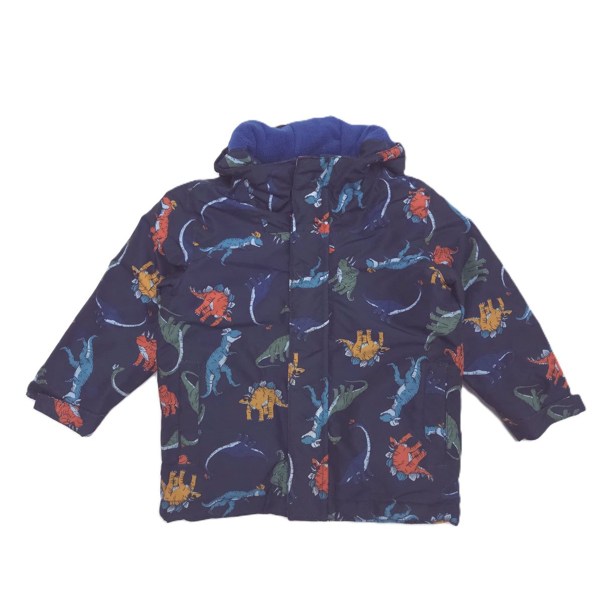A children's hooded winter jacket in navy blue with an allover colorful dinosaur print, shown flat against a white background.