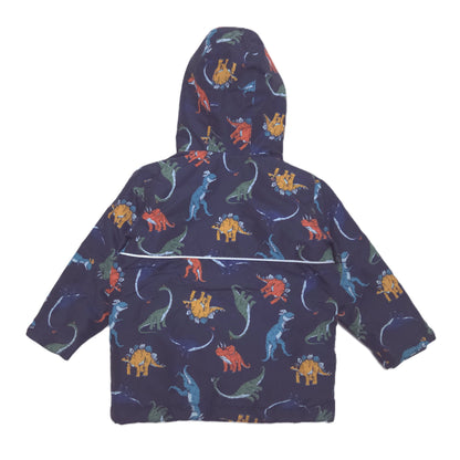 A hooded jacket with a colorful dinosaur print on a dark navy blue background, shown flat against a white background.