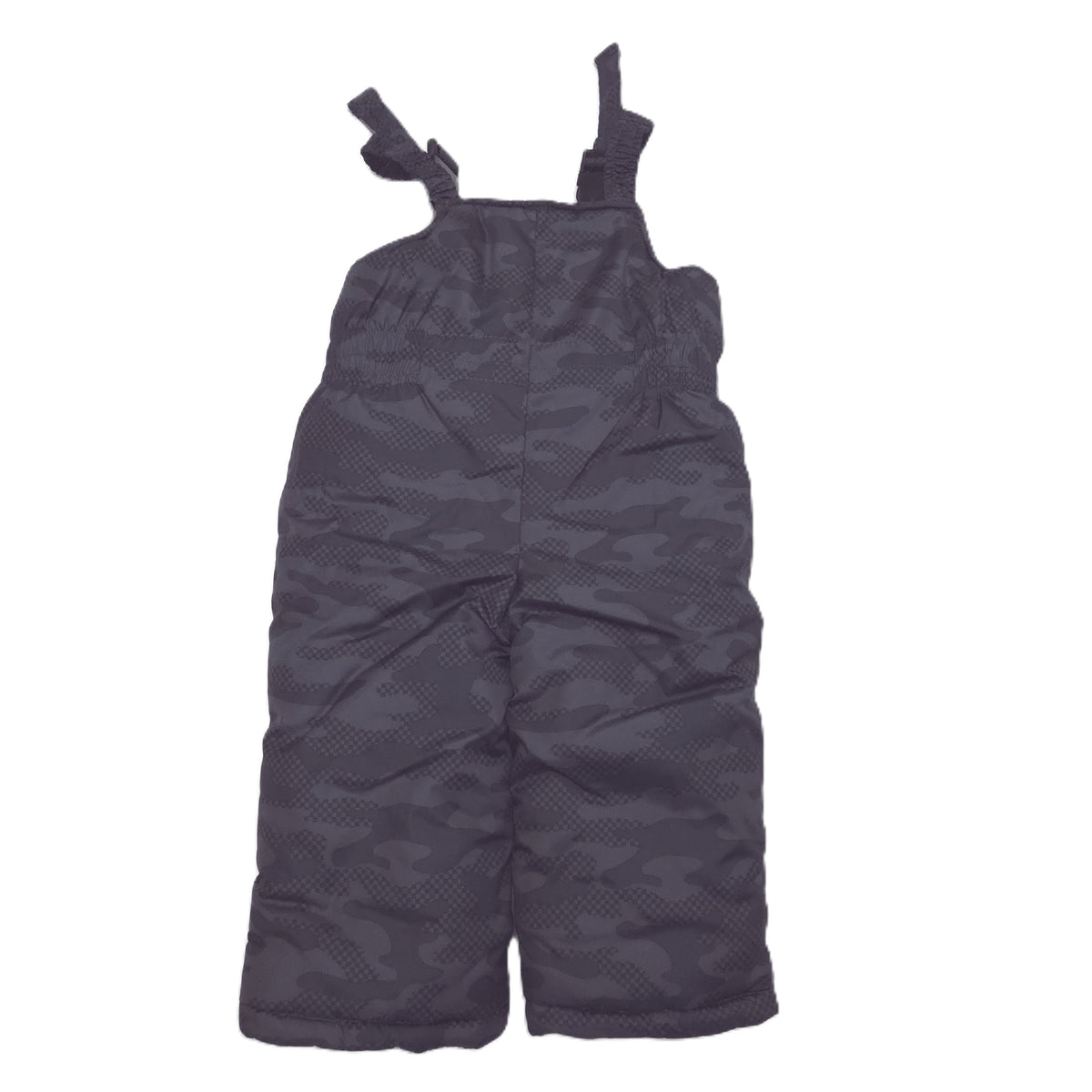 Dark gray camouflage puffer bib overalls with adjustable shoulder straps, shown flat against a white background.