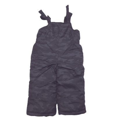 Dark gray camouflage puffer bib overalls with adjustable shoulder straps, shown flat against a white background.