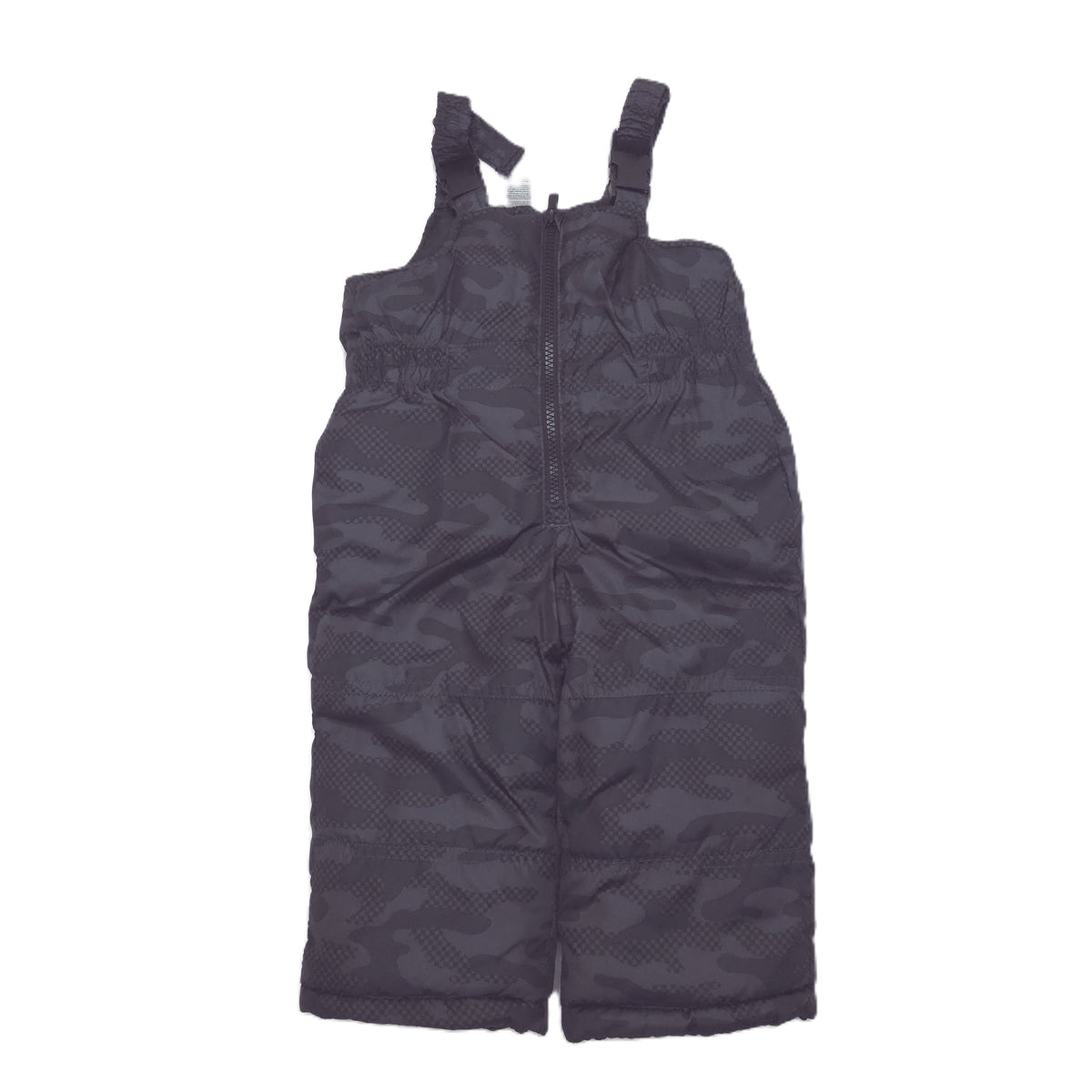 A dark gray camouflage-patterned puffer bib pants with shoulder straps and a front zipper, shown flat against a white background.