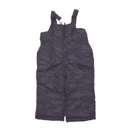 A dark gray camouflage-patterned puffer bib pants with shoulder straps and a front zipper, shown flat against a white background.