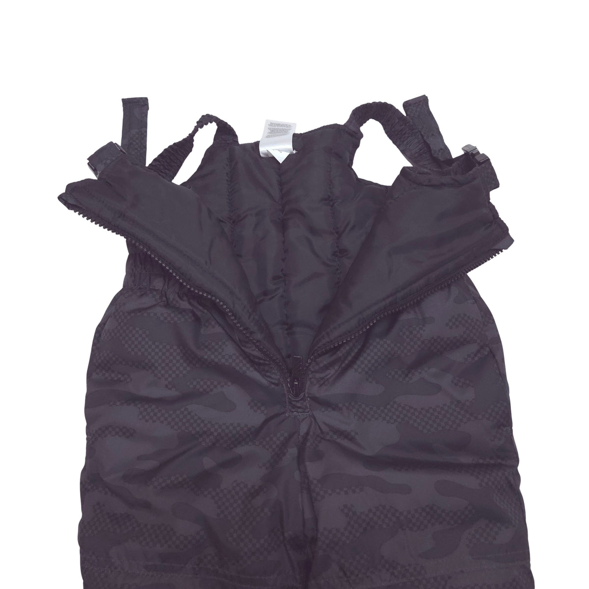 Black camouflage-patterned snow pants with adjustable shoulder straps, laid flat on a white background.