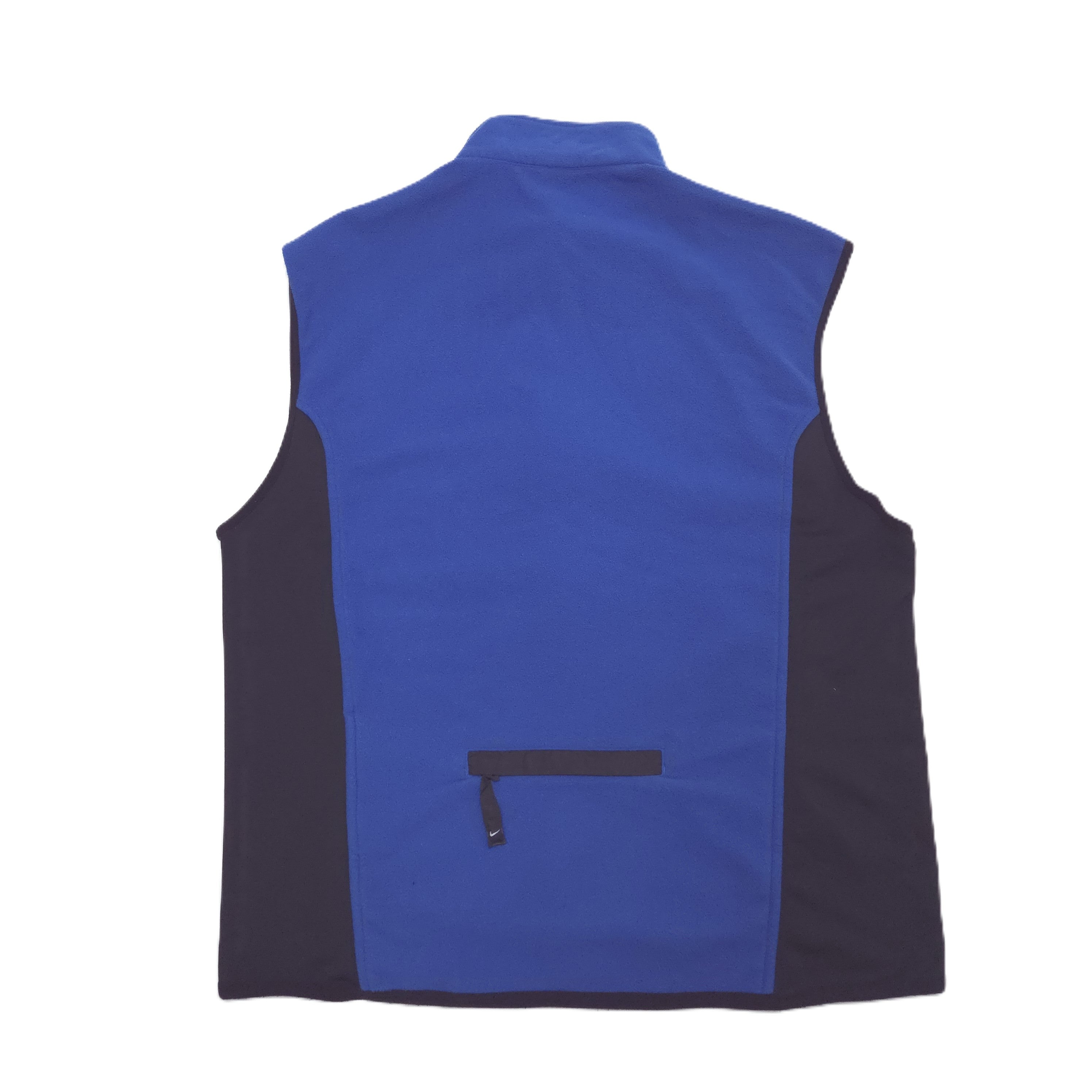 A blue and black sleeveless vest shown from the back, featuring a high collar, a horizontal zippered pocket, and solid color panels on the back and sides.