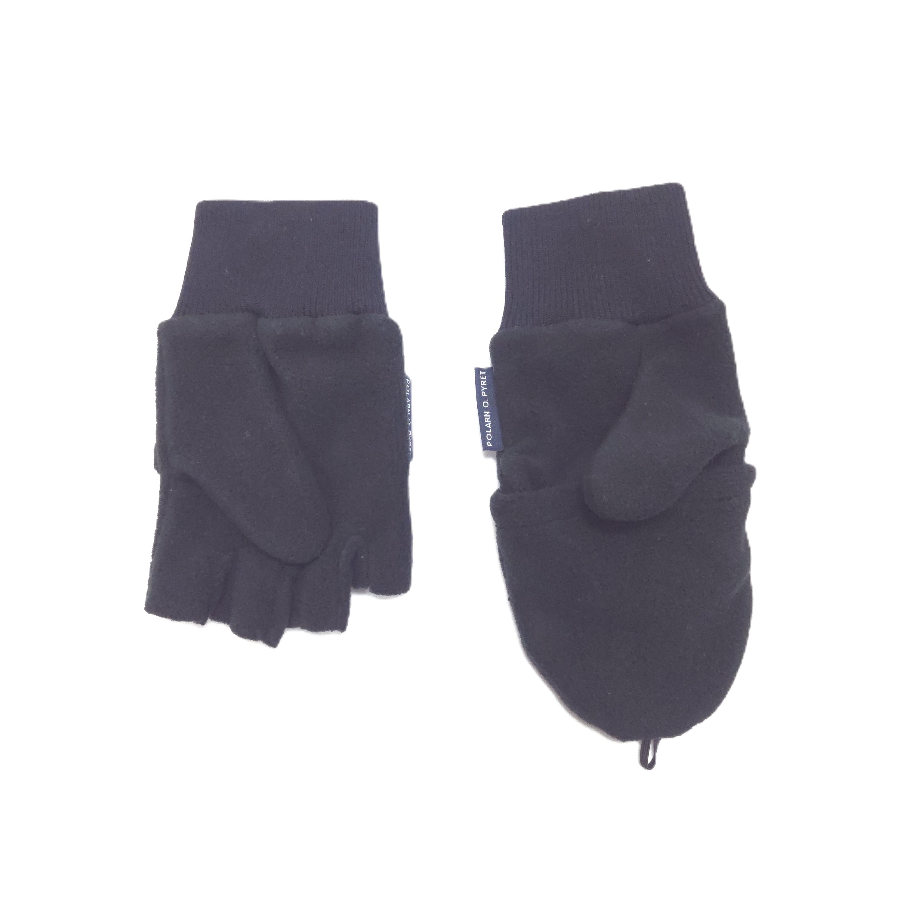 A pair of black fleece fingerless gloves shown flat against a plain white background.