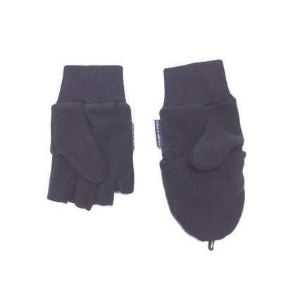 A pair of black fleece fingerless gloves shown flat against a plain white background.