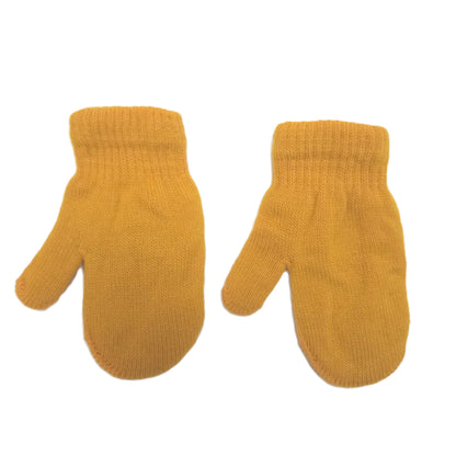 A pair of mustard yellow knit mittens shown flat against a plain white background.