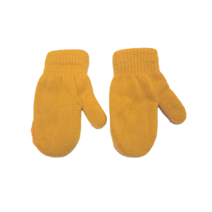 A pair of mustard yellow knit mittens shown flat against a plain white background.