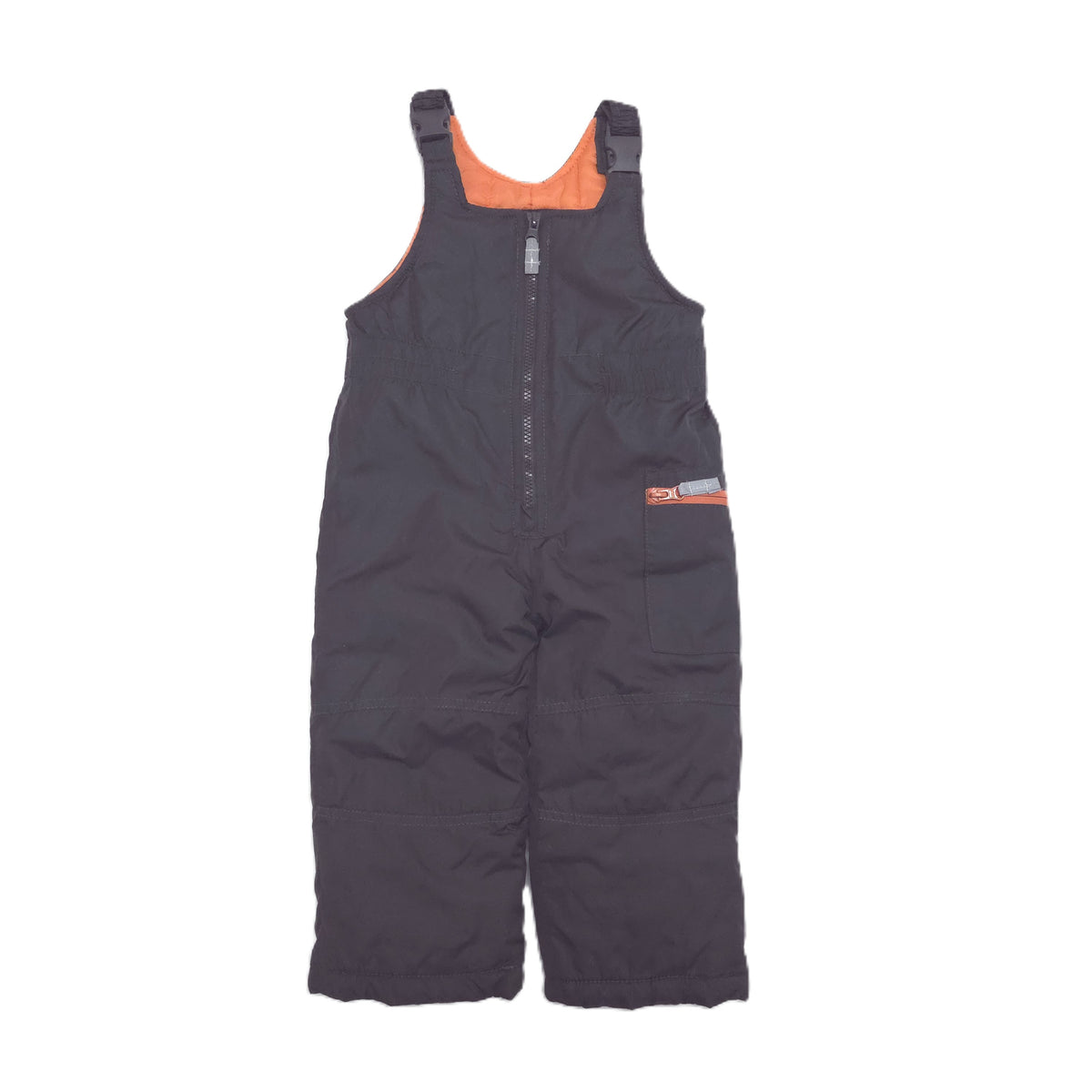 A pair of black insulated bib snow pants with an orange inner lining, shown against a plain white background.