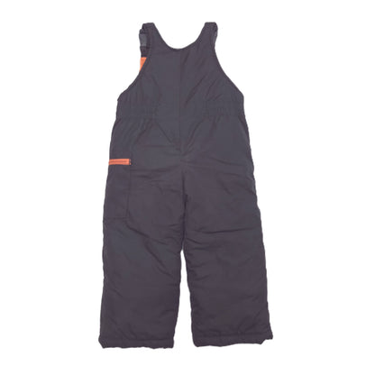 A pair of black insulated bib snow pants with orange zipped pocket, shown flat against a white background.