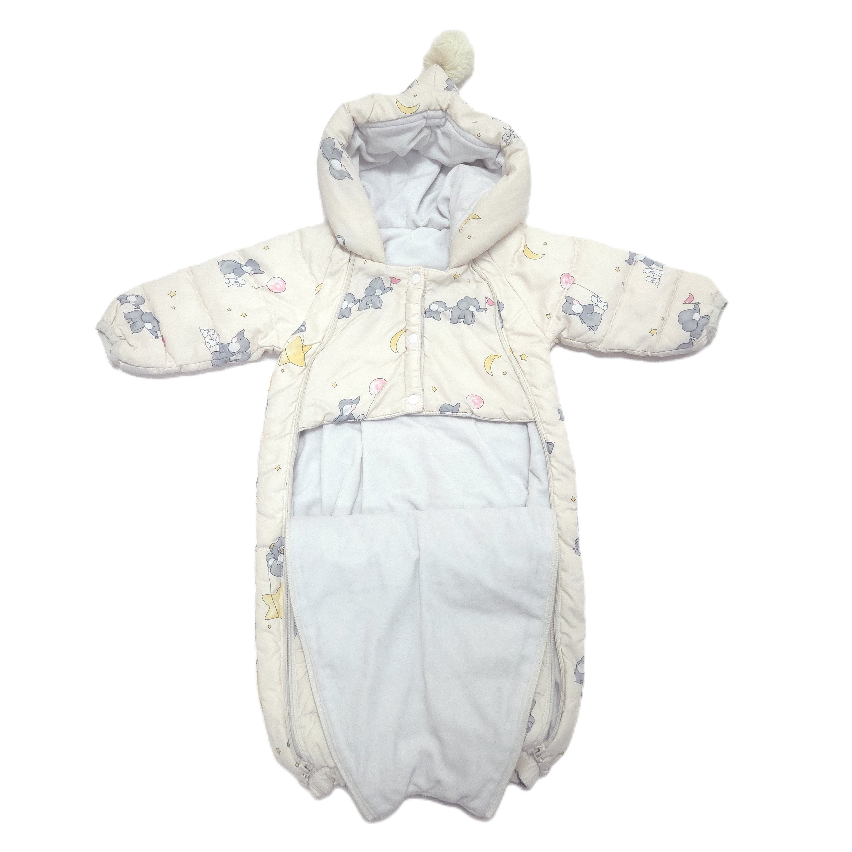A baby winter snow suit with a hood, showing inner lining