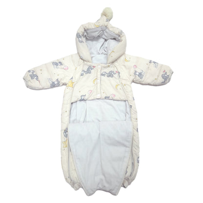 A baby winter snow suit with a hood, showing inner lining