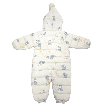 A baby puffer snowsuit in off-white with a cute print of gray elephants, yellow stars, and pink crescent moons, featuring a hood with a pom-pom.