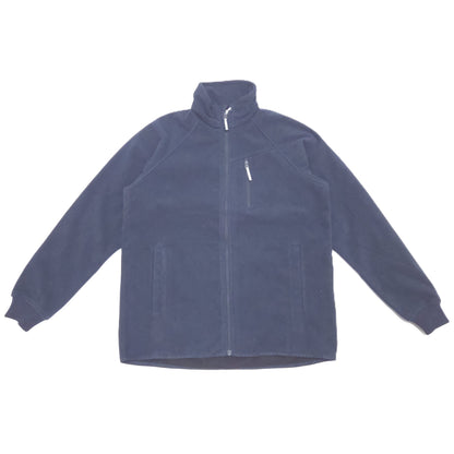 A navy blue zip-up wind fleece jacket with a stand-up collar and a vertical zip pocket on the left chest, laid flat against a white background.